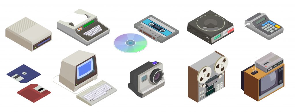 Set with isometric icons of retro devices with isolated images of tv sets tape and computers vector illustration